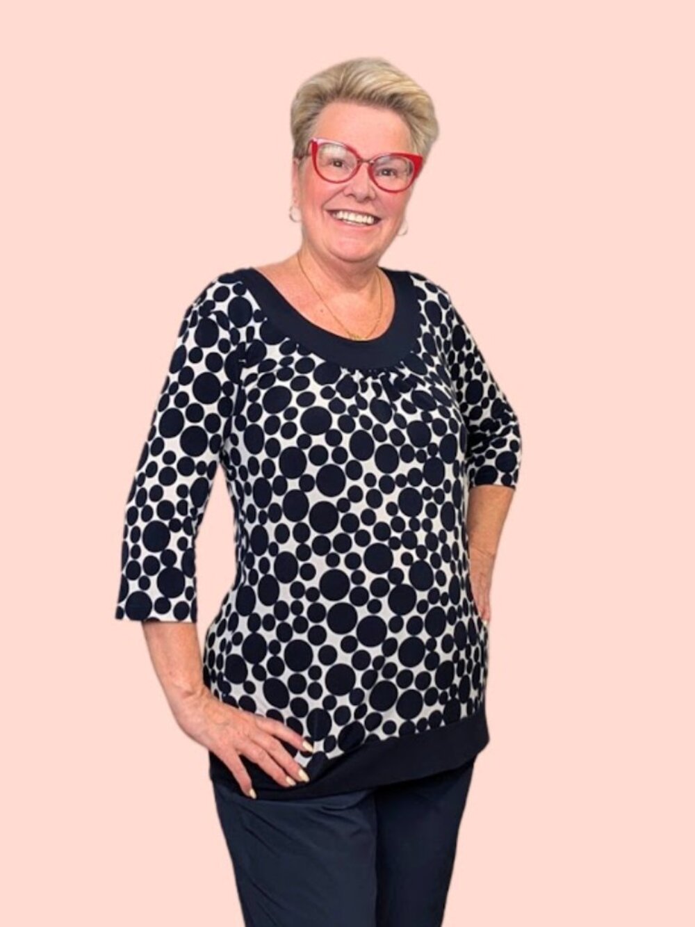Jessica 3/4 Sleeve Polka Dot Top | Size L (14–16) | Navy & White